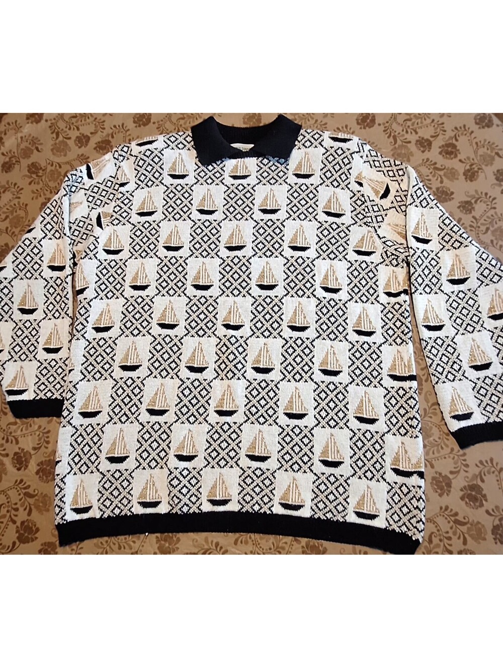 VTG Alfred Dunner All Over Sailboat Print Collared Pullover Sweater Sz XL